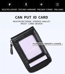 Close-up detail of the black leather mini card holder showcasing multi-card slots and secure zipper.