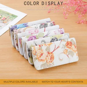Women's long floral print zipper wallet, elegant PU leather clutch and card holder bag.