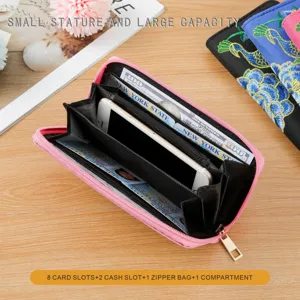 Women's pink long zipper wallet with ethnic embroidery, multiple card slots and cash compartments.