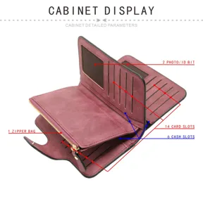 Women matte PU long wallet interior detail view showing multiple card slots and zipper pocket.