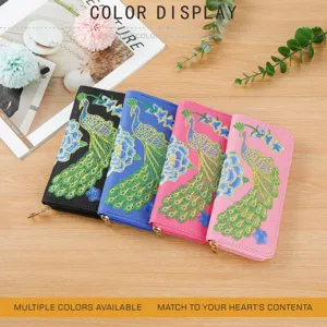 Ethnic style embroidered peacock long wallet with multiple card slots and zipper closure.