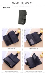 Detailed view of the black matte PU long wallet showcasing multi-card slots and coin zipper.