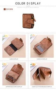 Brown vintage matte leather women short wallet with multi card slots, zipper pocket.