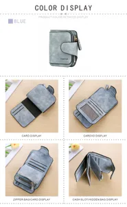 Blue short women wallet with multiple card slots snap closure and zipper coin pocket.