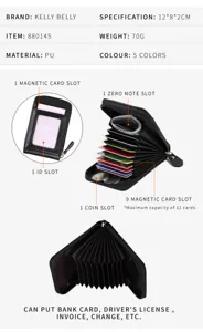 Women PU leather accordion card holder mini multi-slot wallet with coin pocket and ID window.