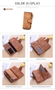 Women long PU leather wallet detail view showing card slots, ID window and zipper coin pocket.