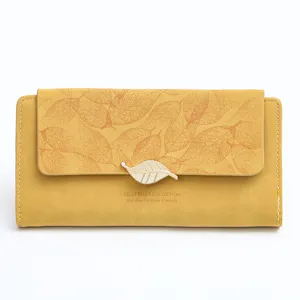 Women long yellow wallet with leaf pattern and metal leaf clasp, stylish daily clutch purse.