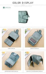 Green retro matte leather women's short wallet with multi card slots and coin purse.