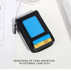 Detail view of black litchi pattern leather mini card holder with clear ID window.