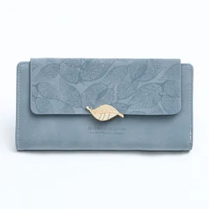 Blue long matte wallet detail, gold leaf clasp and leaf pattern print, large capacity clutch.