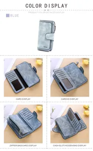 Cross-border large capacity long women frosted PU wallet multi-purpose clutch card holder blue