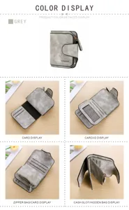 Grey retro frosted leather short wallet interior card slots zipper coin pocket details view.