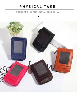 Detailed multi-color mini card holder wallets display, textured leather accordion slots.
