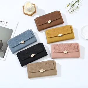 Women long wallet clutch multi-color PU leather leaf pattern fashion purse with gold clasp