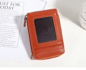 Vertical mini litchi pattern leather card holder accordion wallet with multiple slots ID window.