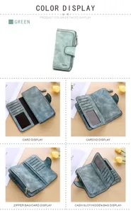 Green frosted PU leather long wallet detail, multi-card slots and coin pocket design.