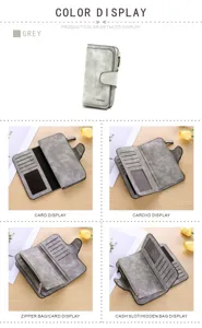 Grey matte PU long wallet detail view, showing multi-card slots, ID window and zipper pouch.