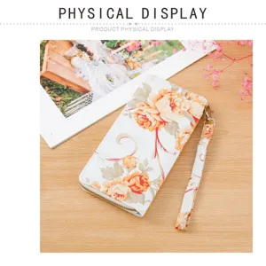 Women long floral print wallet elegant rose zipper clutch bag with wrist strap for daily use
