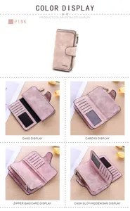 Pink frosted PU leather long wallet for women with card slots and zipper pocket display.