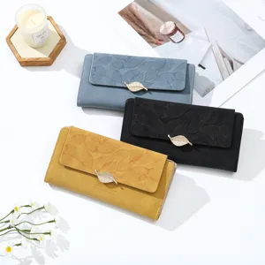 Long women wallet matte PU leather leaf pattern metal clasp card holder purse elegant daily use