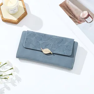 Women long wallet vintage frosted leather purse clutch with leaf buckle and elegant design.
