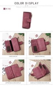 Detailed view of the wine red PU leather long wallet showing multiple card slots and zipper.