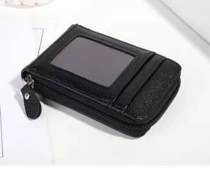 Black leather mini card holder with zipper, ID window and multi slots for women daily use.