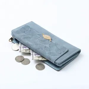 Women's long frosted leather wallet with leaf pattern, metal leaf charm and large capacity.
