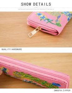 Detailed view of the pink ethnic embroidery wallet featuring a gorgeous peacock design and zipper.
