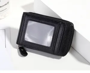 Black leather card holder mini zipper wallet with clear ID window and multiple card slots.