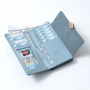 Detailed view of the blue long women wallet interior with multiple card slots and leaf clasp.