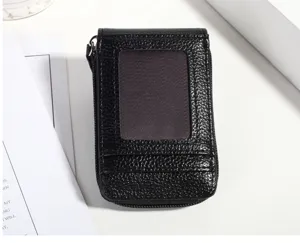 Black vertical mini leather credit card holder wallet with zipper and clear ID window.