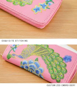 Pink ethnic embroidered peacock wallet women zip coin purse delicate detail handbag.