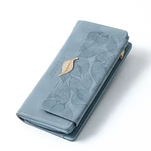 Elegant long women's wallet with leaf debossing, metal leaf decor, and multiple card slots.