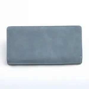 Detailed view of the blue-grey frosted long women wallet showing texture and fine edge stitching.