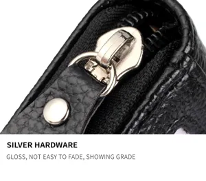 Black leather cardholder wallet zipper detail, silver hardware, durable and elegant style.