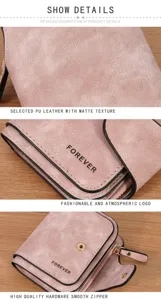 Vintage pink PU leather short women's wallet with multiple card slots and metal zipper closure.