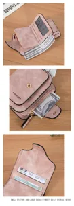 Close-up detail showing the multiple card slots, snap button closure, and suede texture of the pink wallet.