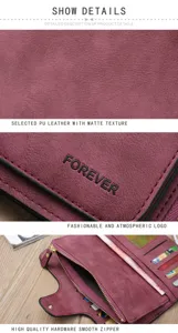 Long women matte PU leather wallet with zipper and multiple card slots burgundy fashion detail