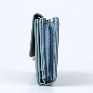 Blue multi-fold women wallet detail side view, compact card holder and zipper pocket design.