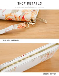 Floral wallet detail shot showing high quality golden hardware, smooth zipper and wrist strap.