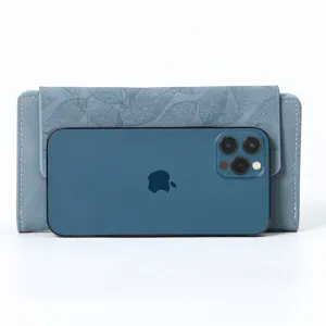 Women's long frosted leaf pattern wallet clutch bag blue PU leather card holder detail view.