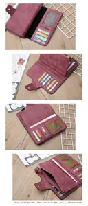 Women long wallet PU leather clutch multi-card slots zippered pocket burgundy daily storage.
