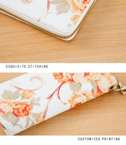 Detailed close-up showing exquisite stitching and floral print of women's long wallet.