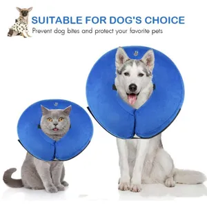 Inflatable pet recovery collar for cats and dogs, soft blue plush protective neck cone.
