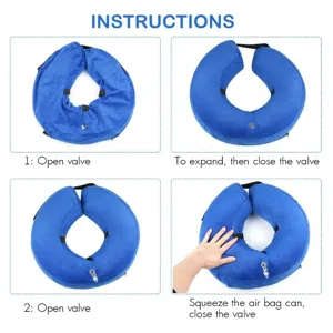 Detailed instructions showing how to inflate and use the blue plush recovery collar easily.