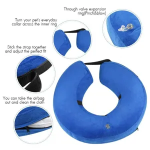 Inflatable pet recovery collar detail view showing adjustable strap and valve instructions.