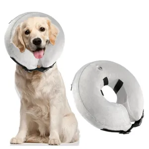 Detail shot showing the soft inflatable pet recovery collar and golden retriever wearing it.