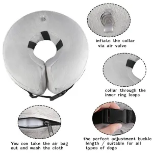 Inflatable pet recovery collar detail showing air valve, zipper, and adjustable buckle design.