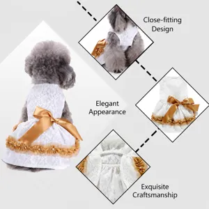 Cute lace pet dog dress with golden bow summer princess clothing for small dogs and puppies